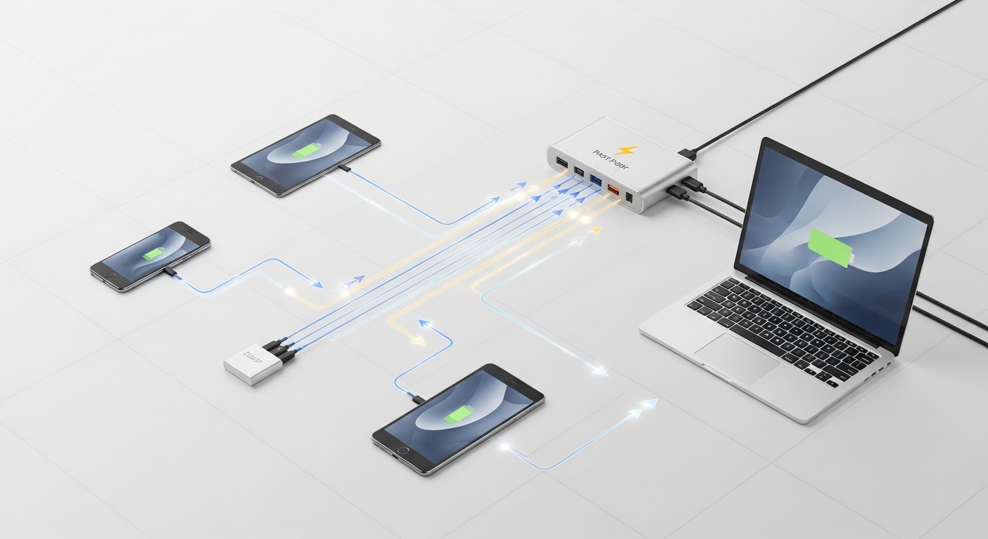 Multi-port fast charger intelligently distributing power