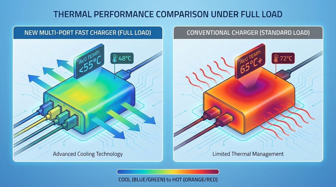 Heat map style illustration of multi-port fast charger under full load