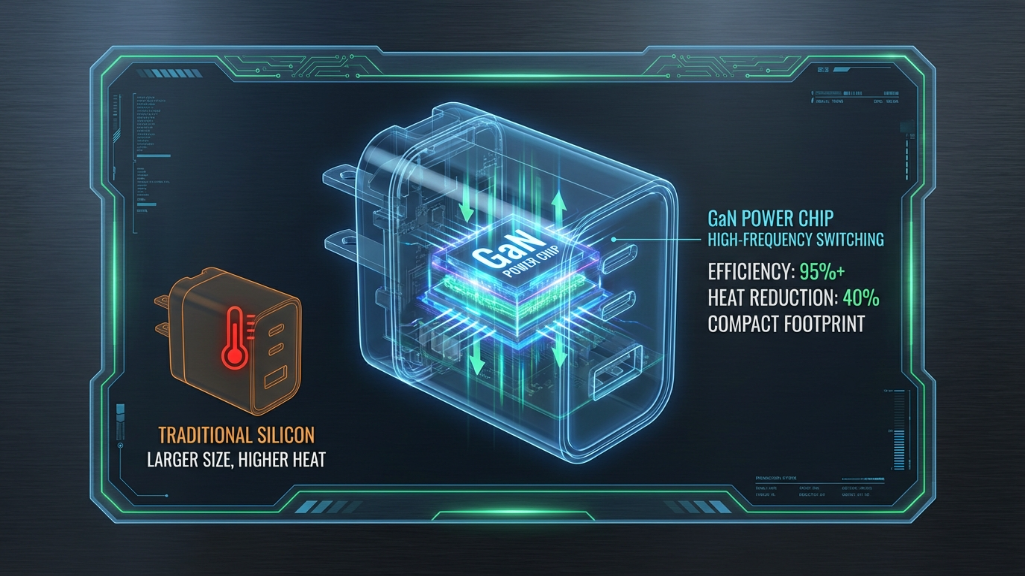 High-tech schematic of GaN (Gallium Nitride) power chip