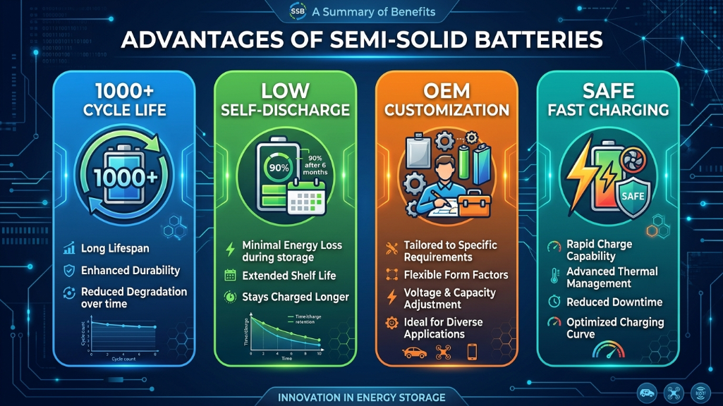 Infographic summarizing semi-solid battery advantages
