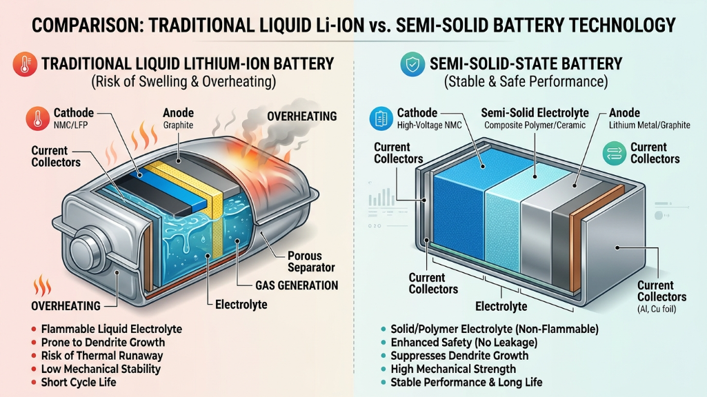 Traditional liquid lithium battery vs semi-solid battery