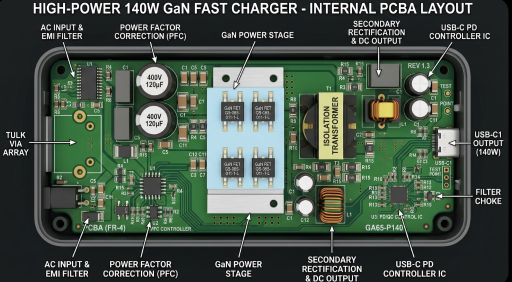 "Layout interno de um carregador rápido GaN de 140 W mostrando o arranjo de MOSFETs e o gerenciamento térmico"