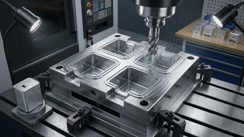 قالب شاحن GaN عالي الدقة بتصميم متعدد التجاويف على طاولة CNC