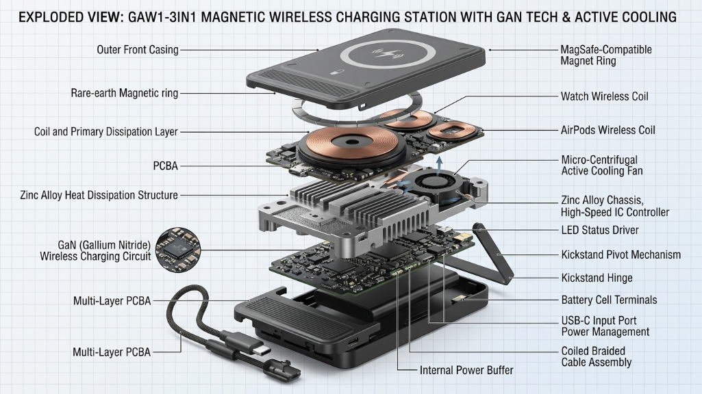 Internal PCBA layout of 3-in-1 magnetic wireless charger with GaN circuit and active cooling system