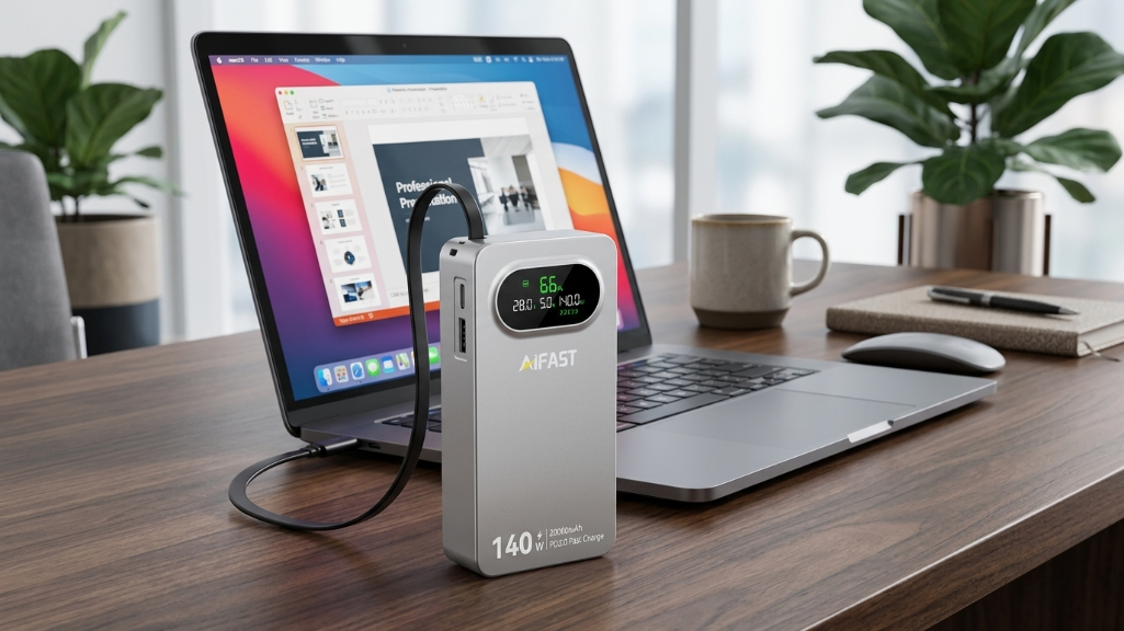 LED numeric display power bank fast charging a MacBook Pro at 140W PD3.0