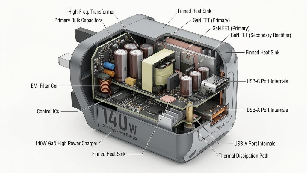 شاحن سريع بتقنية GaN بقدرة 140 واط يعرض تصميم لوحة الدوائر المطبوعة والتصميم الحراري