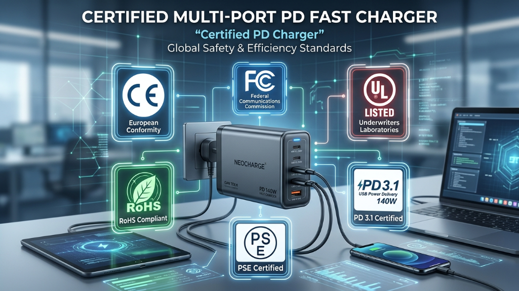 Certified multi-port PD fast charger with UL, CE, FCC, RoHS, PSE badges for global compliance.png