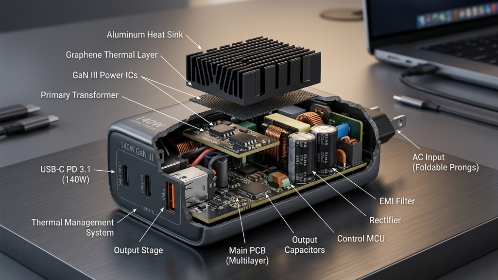 Internal thermal management of 140W GaN charger with PCB and heat sinks.png