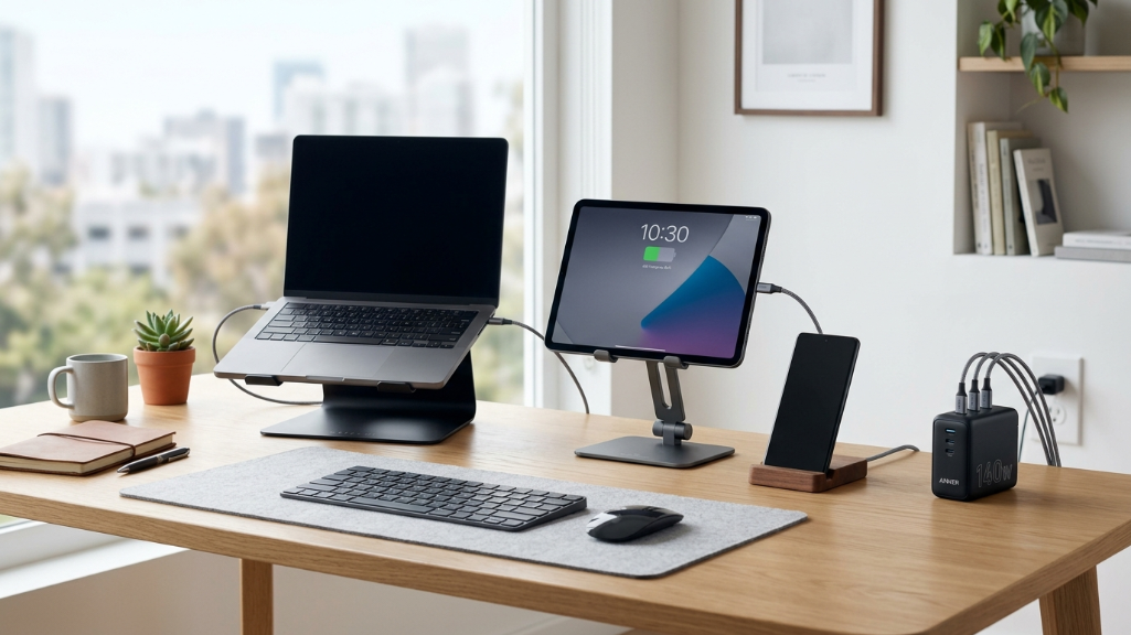 Cargador de 140 W que alimenta varios dispositivos simultáneamente.png