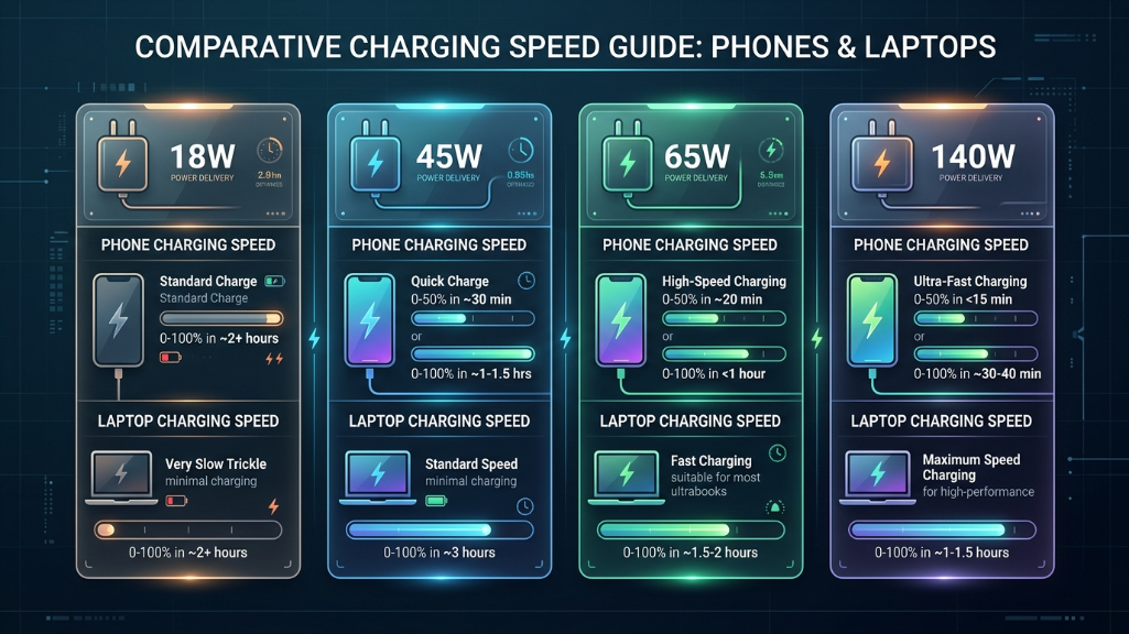 Comparison of fast charger wattages and charging speed for devices.png