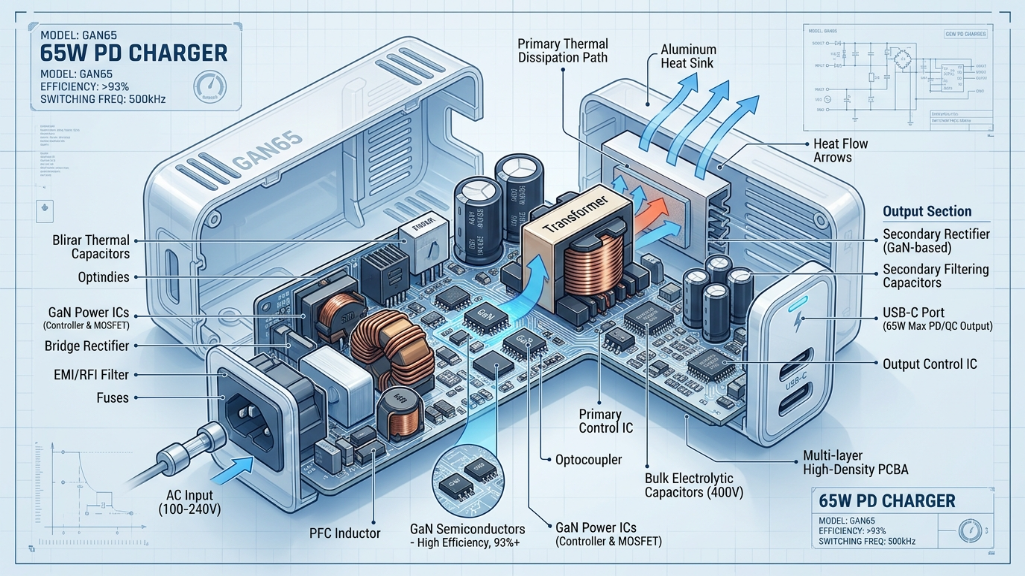 Internal structure of 65W GaN charger showing PCB and GaN chip design.png