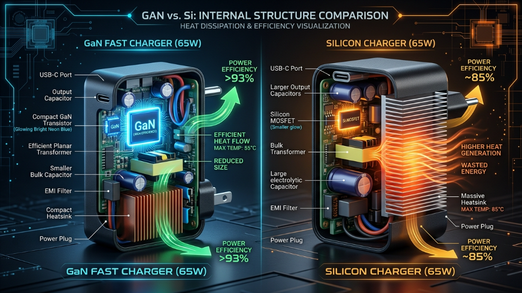 GaN vs silicon charger internal structure comparison showing efficiency and heat differences.png