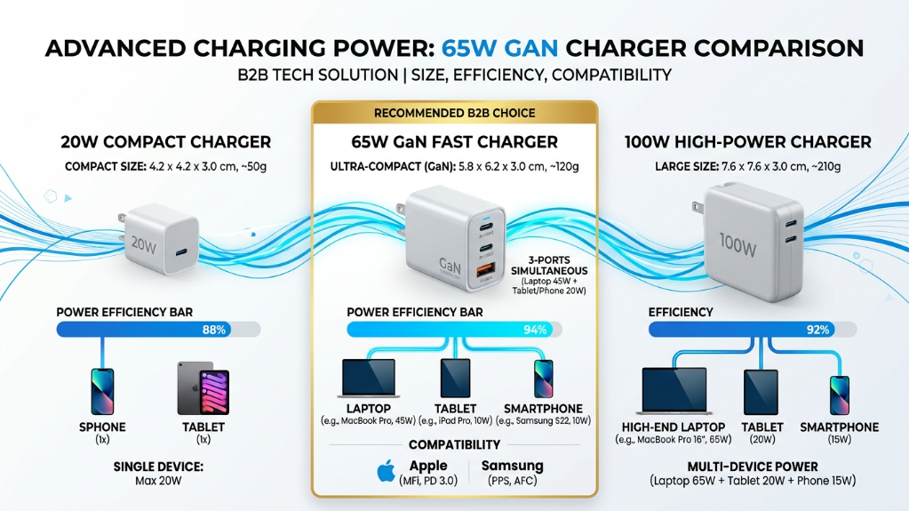 مقارنة بين شاحن GaN بقدرة 65 واط وشاحن بقدرة 20 واط وشاحن بقدرة 100 واط.png
