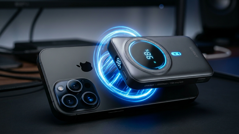 Magnetic wireless power bank snapping onto iPhone with charging glow effect.png