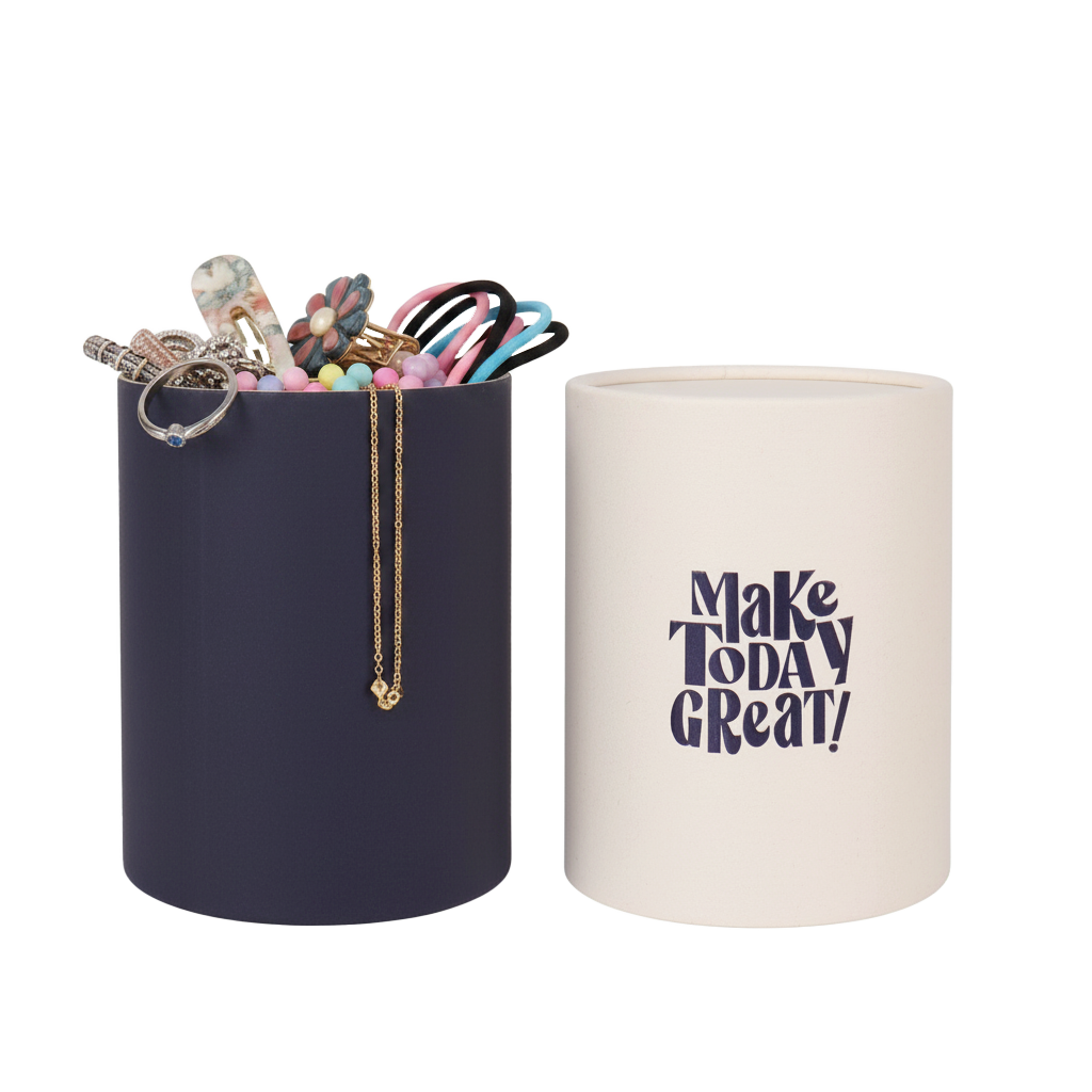 Premium navy blue paper tube packaging with hot stamping finish