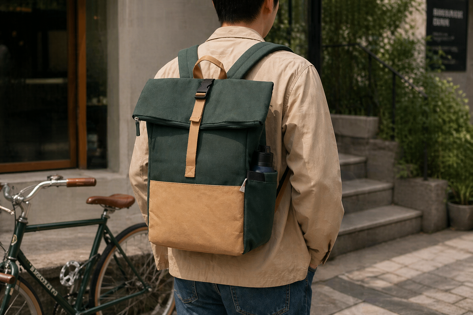 Recycled cotton roll-top backpack with washed kraft paper