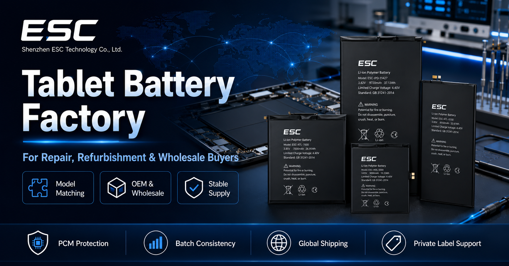Fábrica de baterías para tabletas: reparación, reacondicionamiento y venta al por mayor.