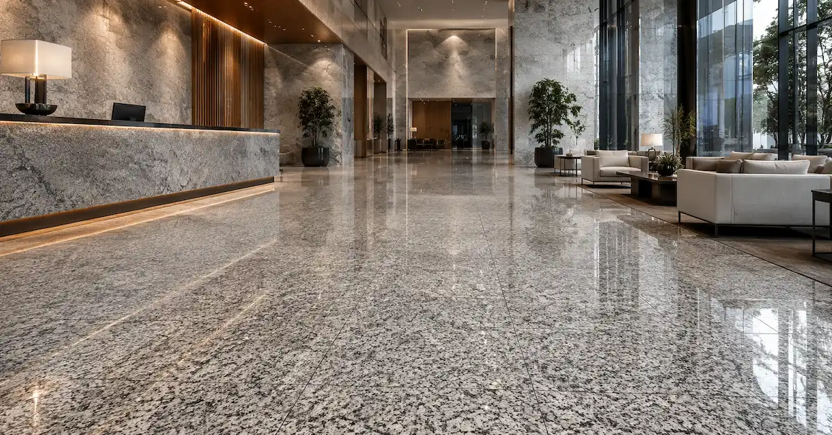 Piso de granito resistente no saguão do hotel