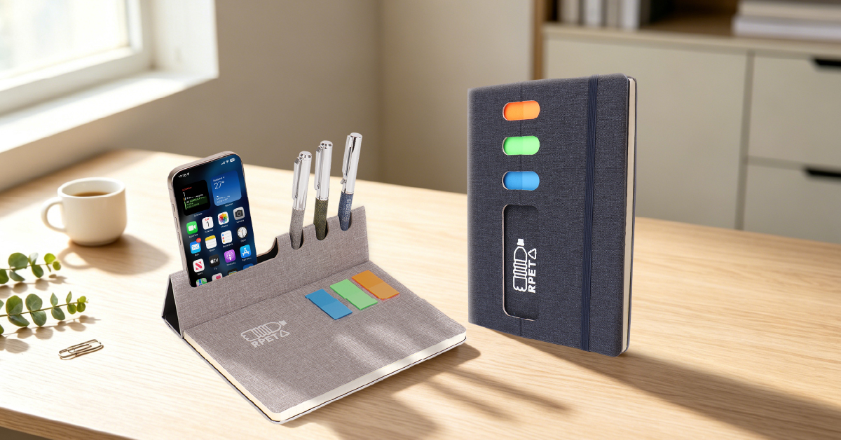 A5 Stand Notebook with RPET Fabric Cover & Magnetic Desktop Organizer