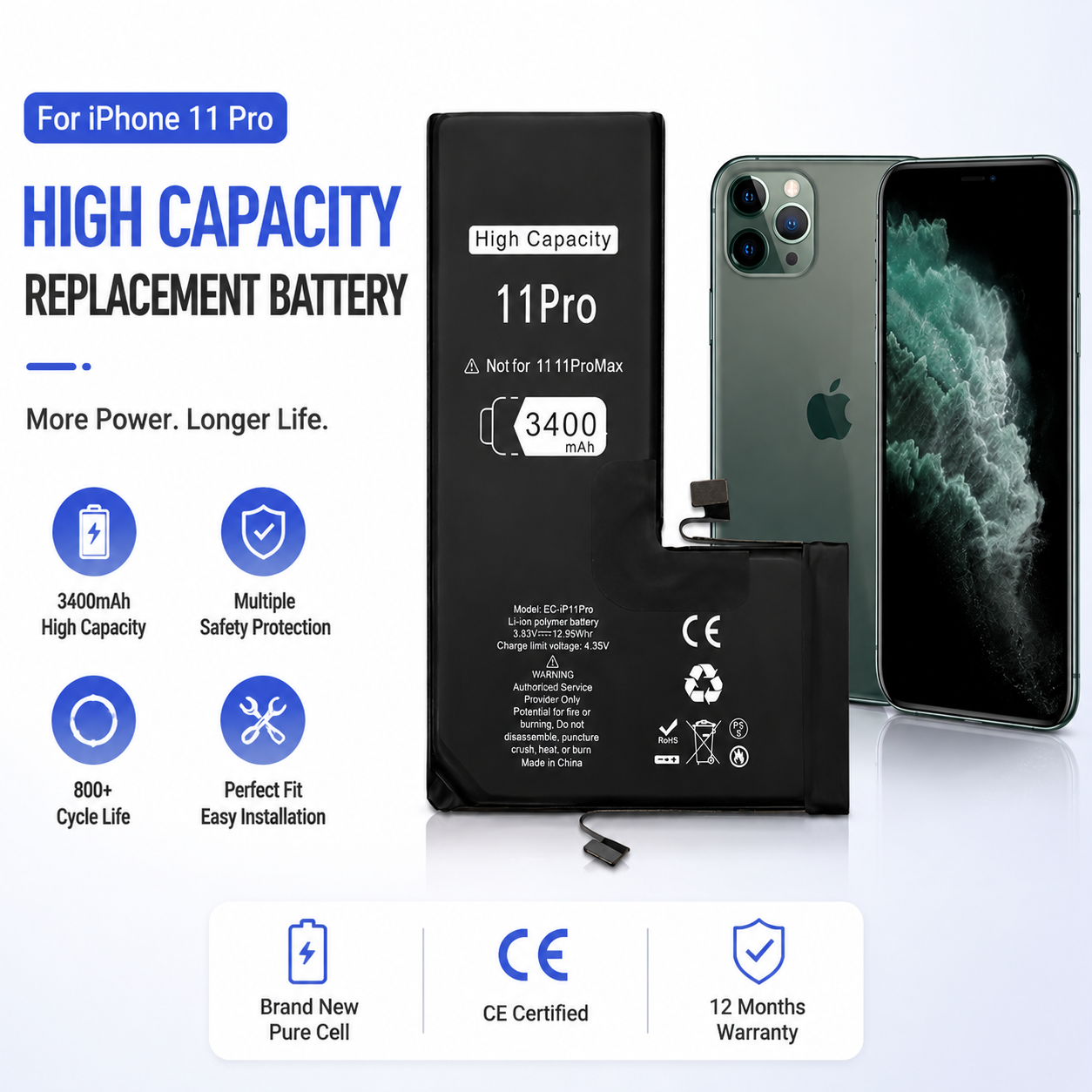 iPhone 11 Pro Higher Capacity Replacement Battery 3400mAh iPhone 11 Pro Higher Capacity Replacement Battery 3400mAh