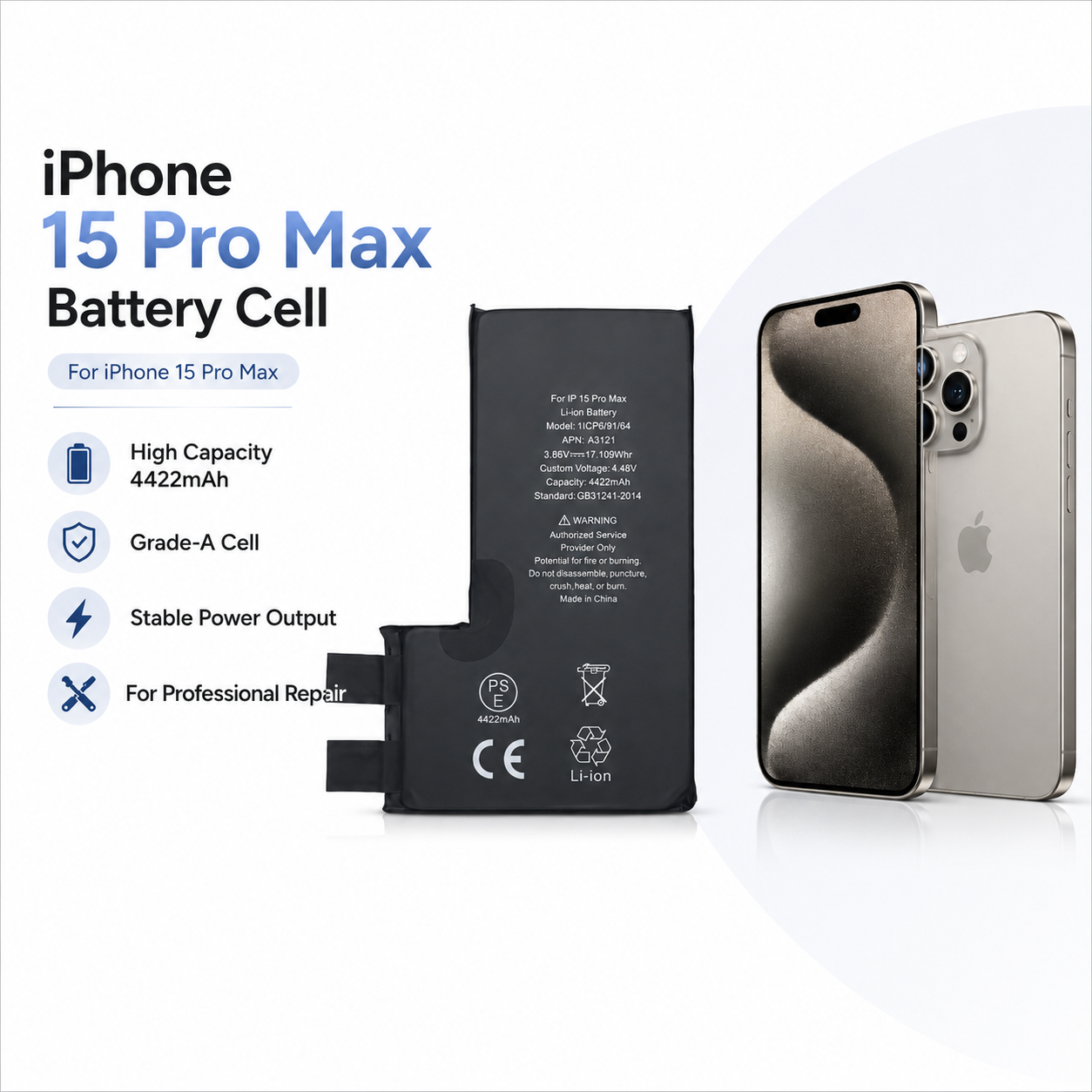 iPhone 15 Pro Max 4422mAh Battery Cell Without Flex – OEM Wholesale Supply iPhone 15 Pro Max 4422mAh Battery Cell Without Flex – OEM Wholesale Supply