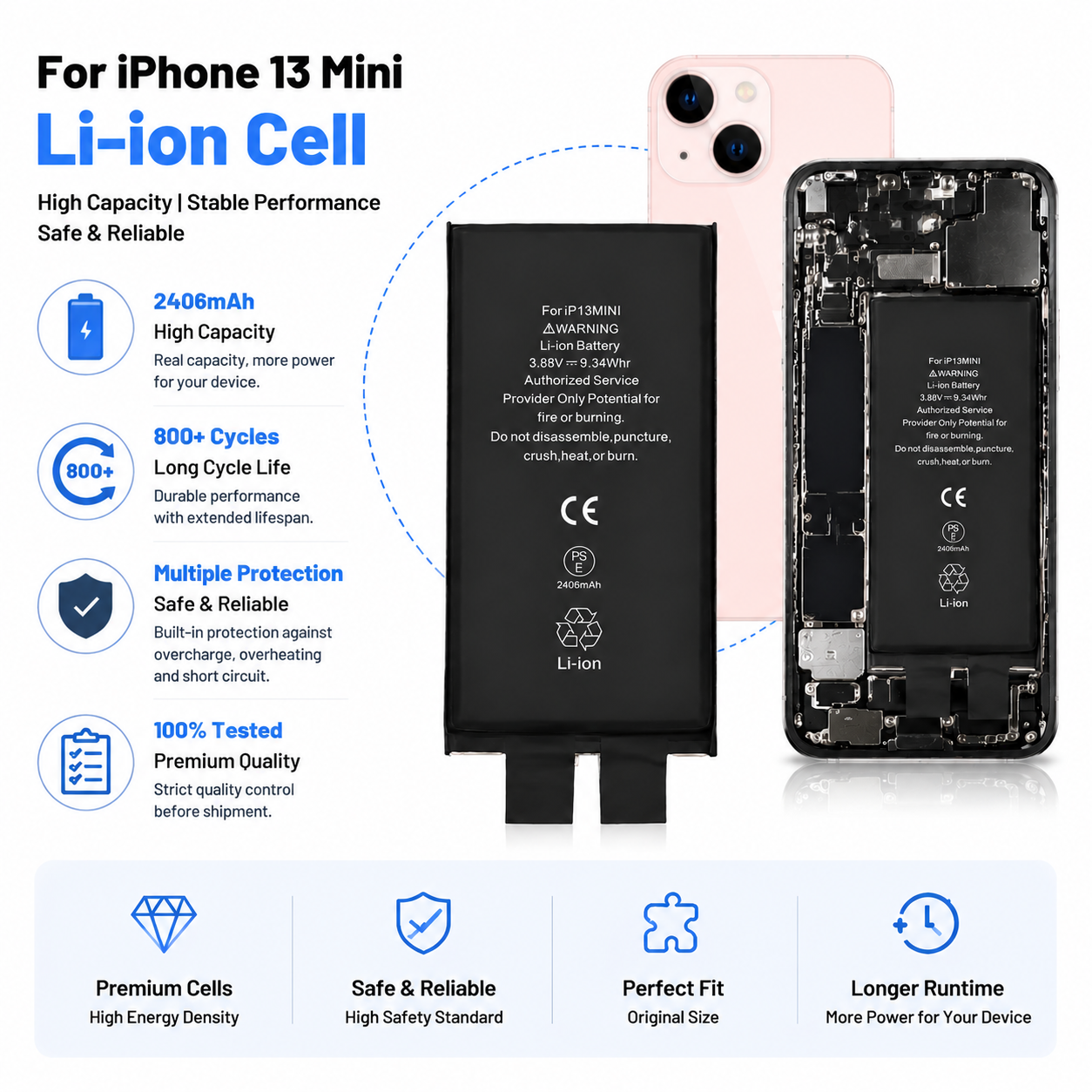 iPhone 13 Mini Battery Cell 2406mAh Without Flex iPhone 13 Mini Battery Cell 2406mAh Without Flex