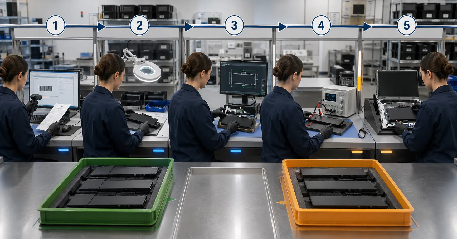 fluxo de trabalho de inspeção de baterias de laptops recebidas