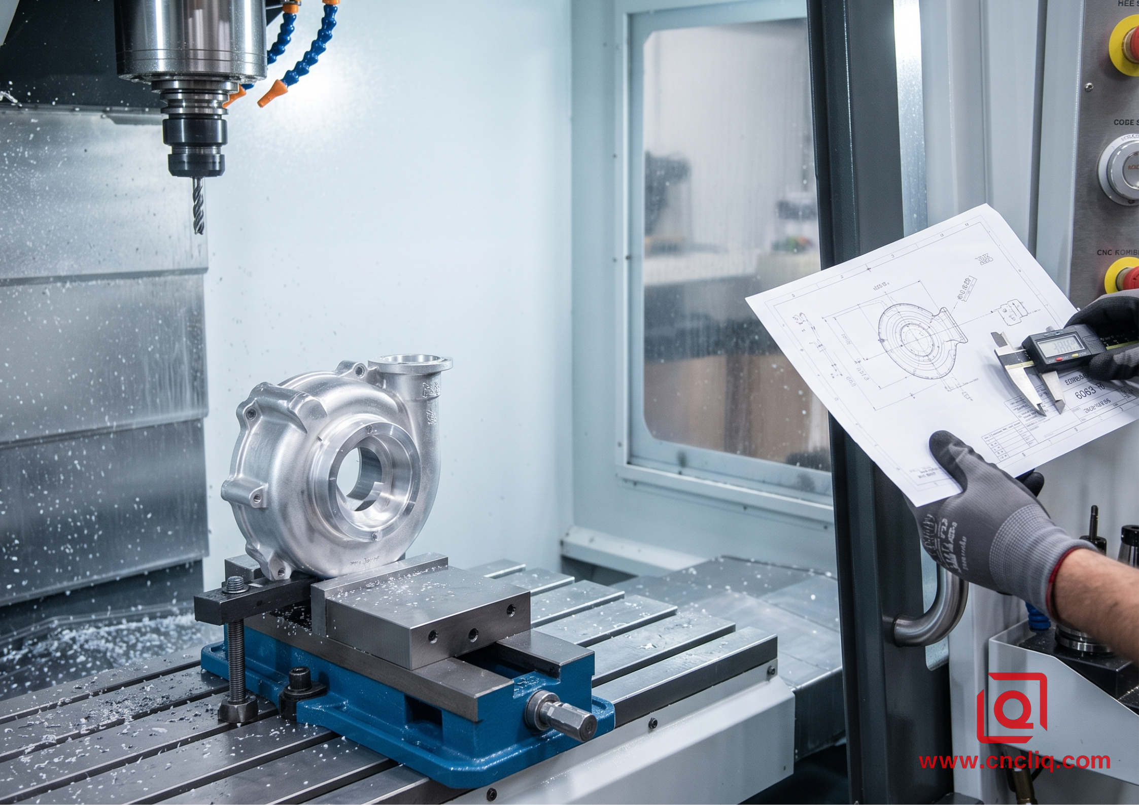 CNC machine with operator and raw aluminum part