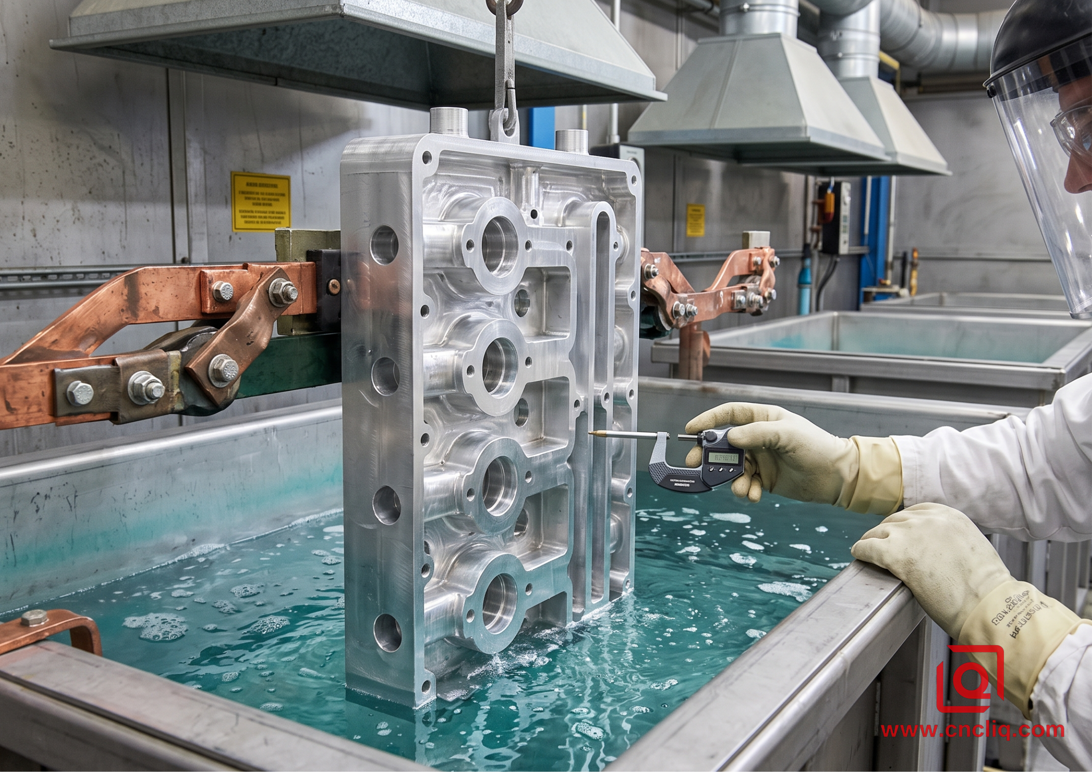 Anodizing complex part in bath.