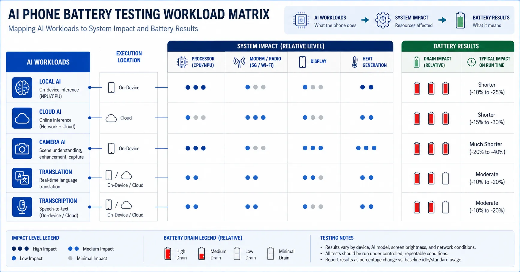 Matriz de carga de trabalho para teste de bateria de celular com IA