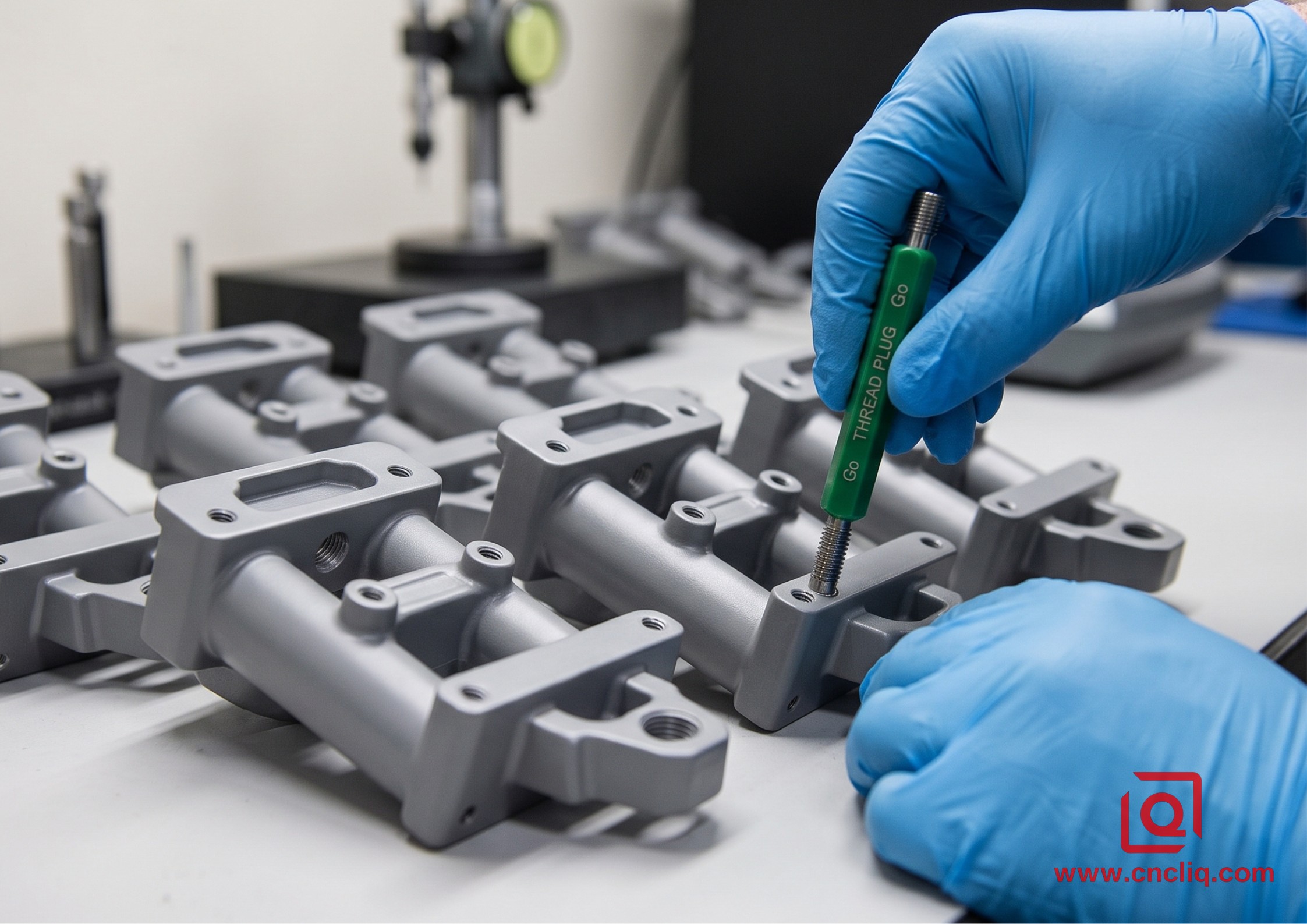 Technician checking aluminum parts