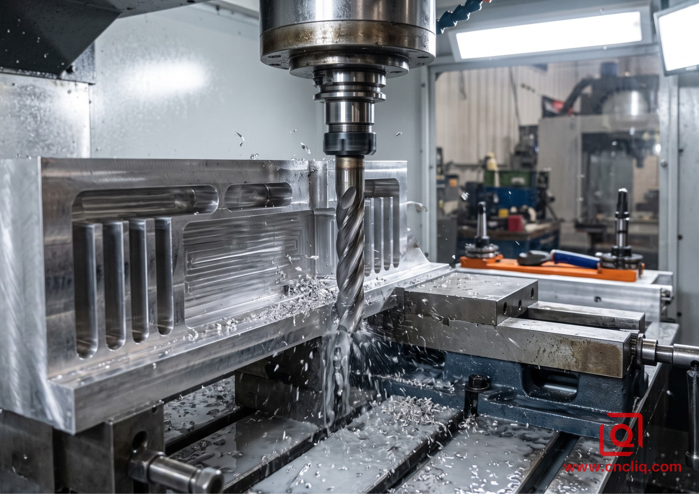 CNC milling cutter machining aluminum with coolant