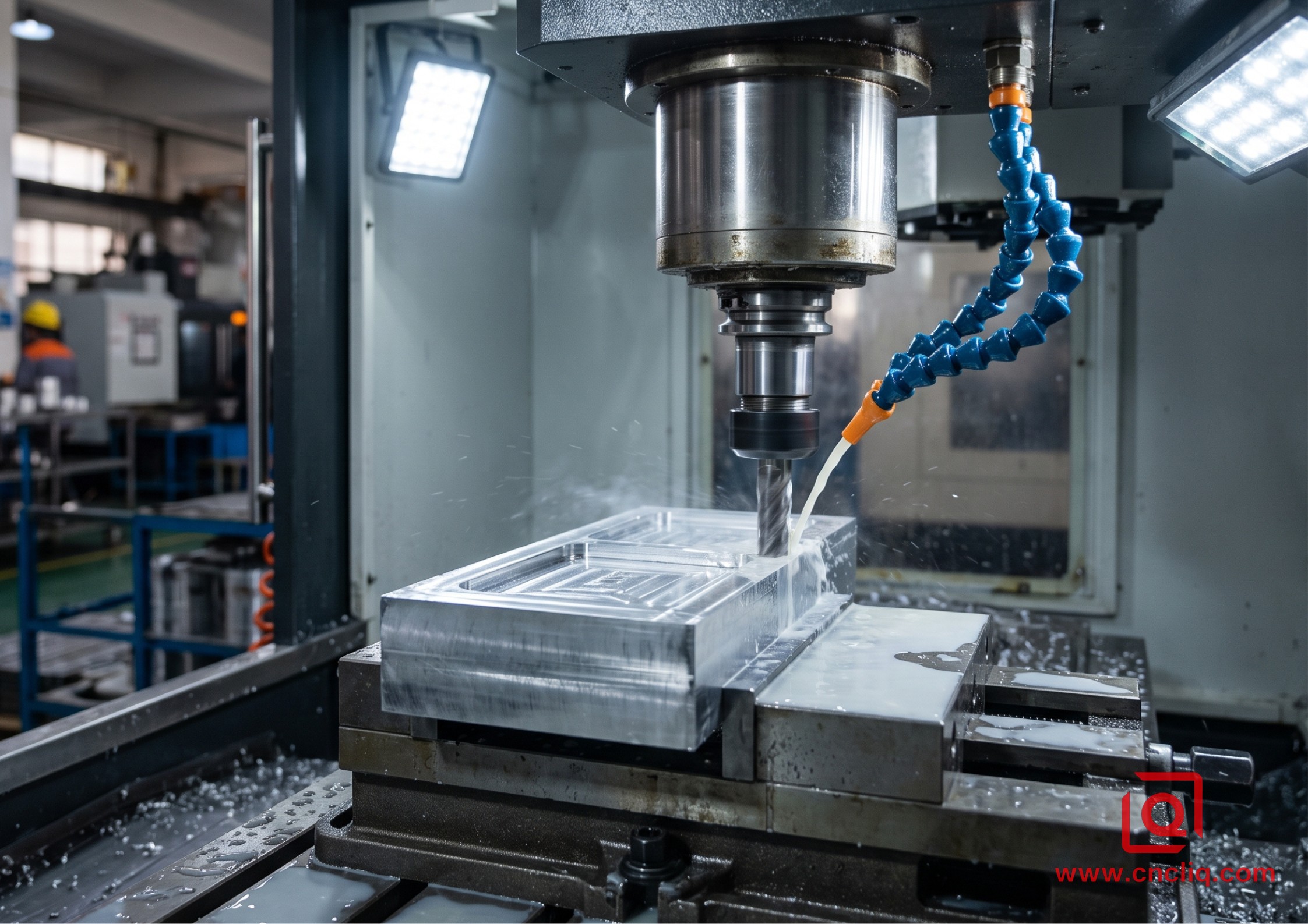 CNC milling machine cutting aluminum with coolant