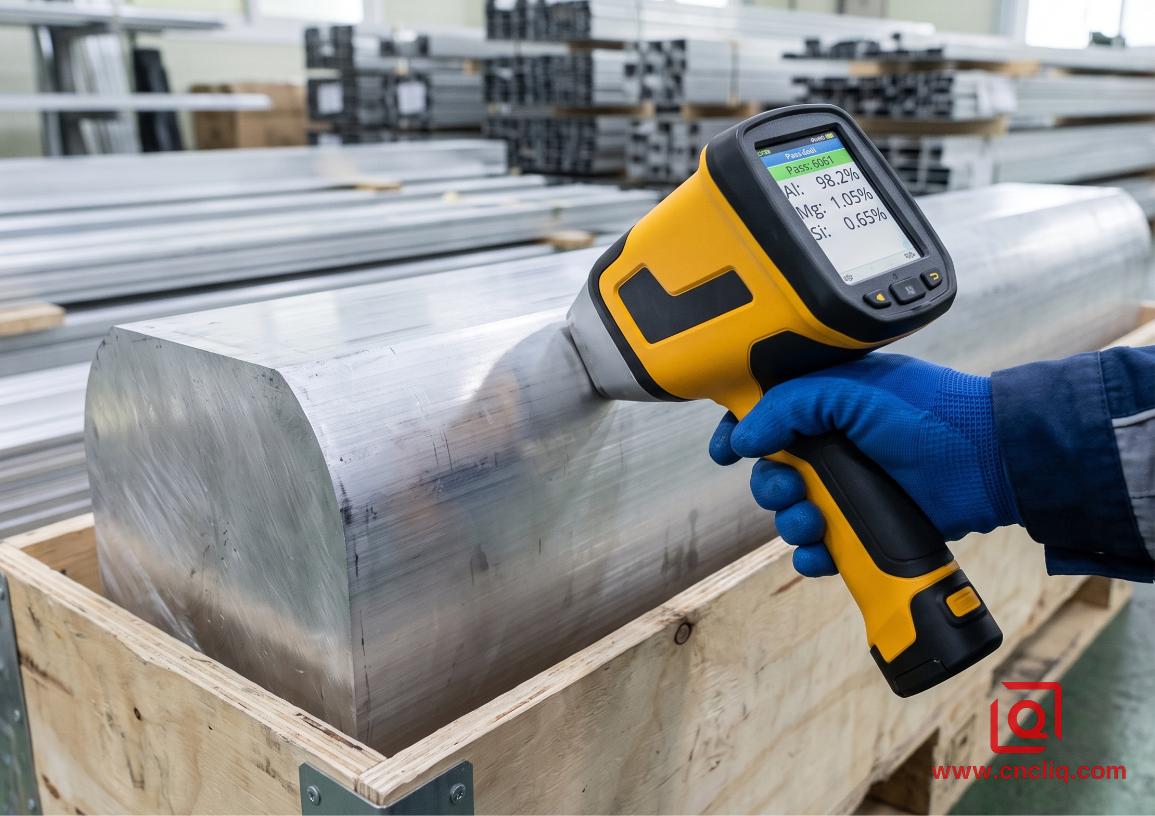 Worker using handheld XRF metal analyzer.