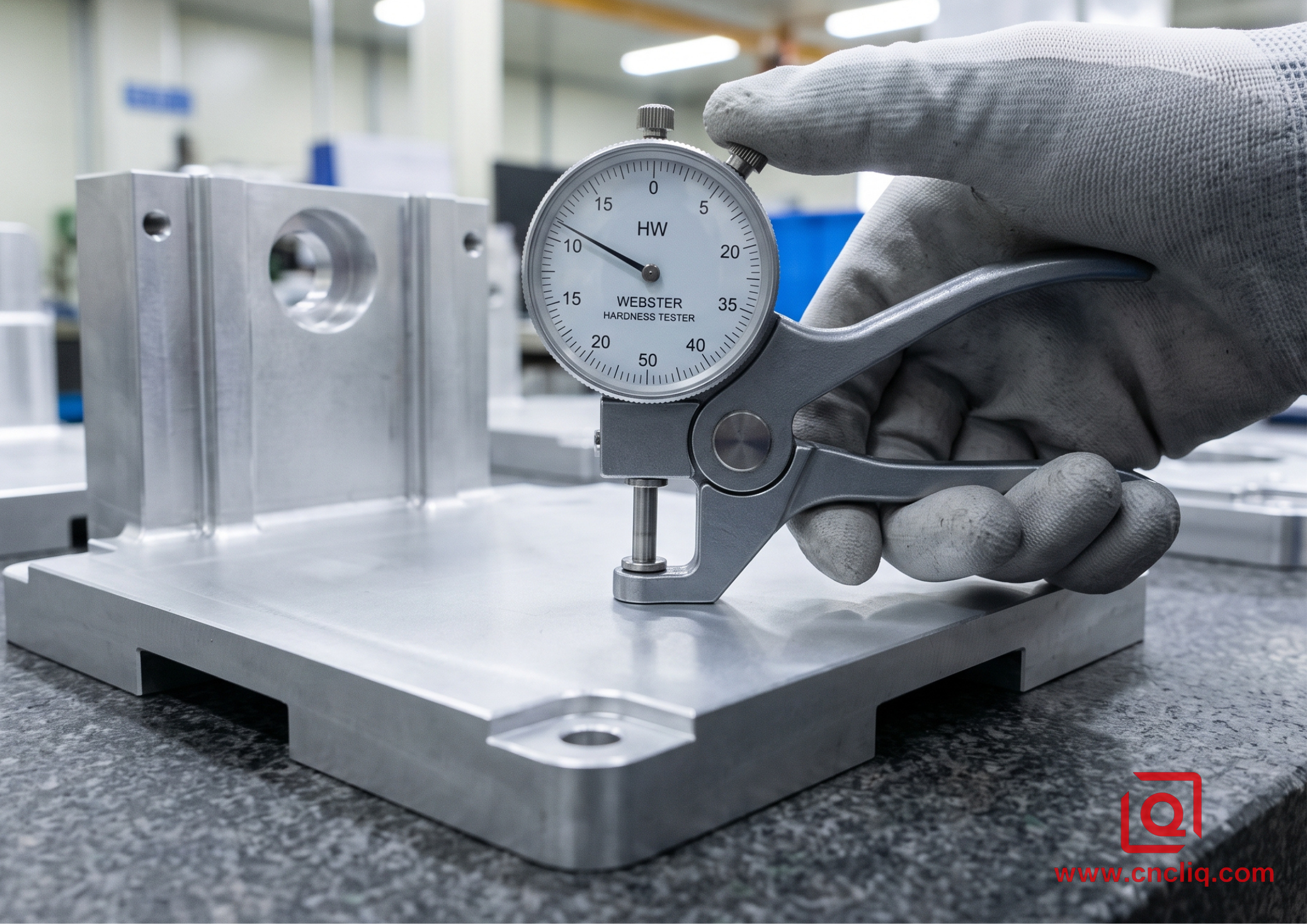 Gloved hand testing metal hardness with gauge.