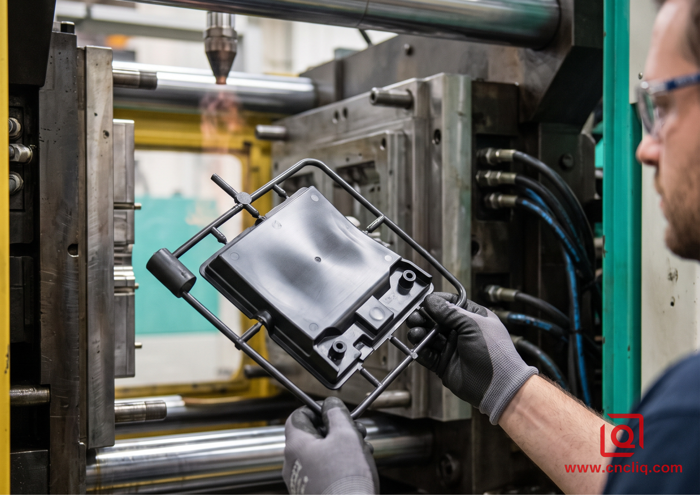 Worker inspecting injection molded plastic part