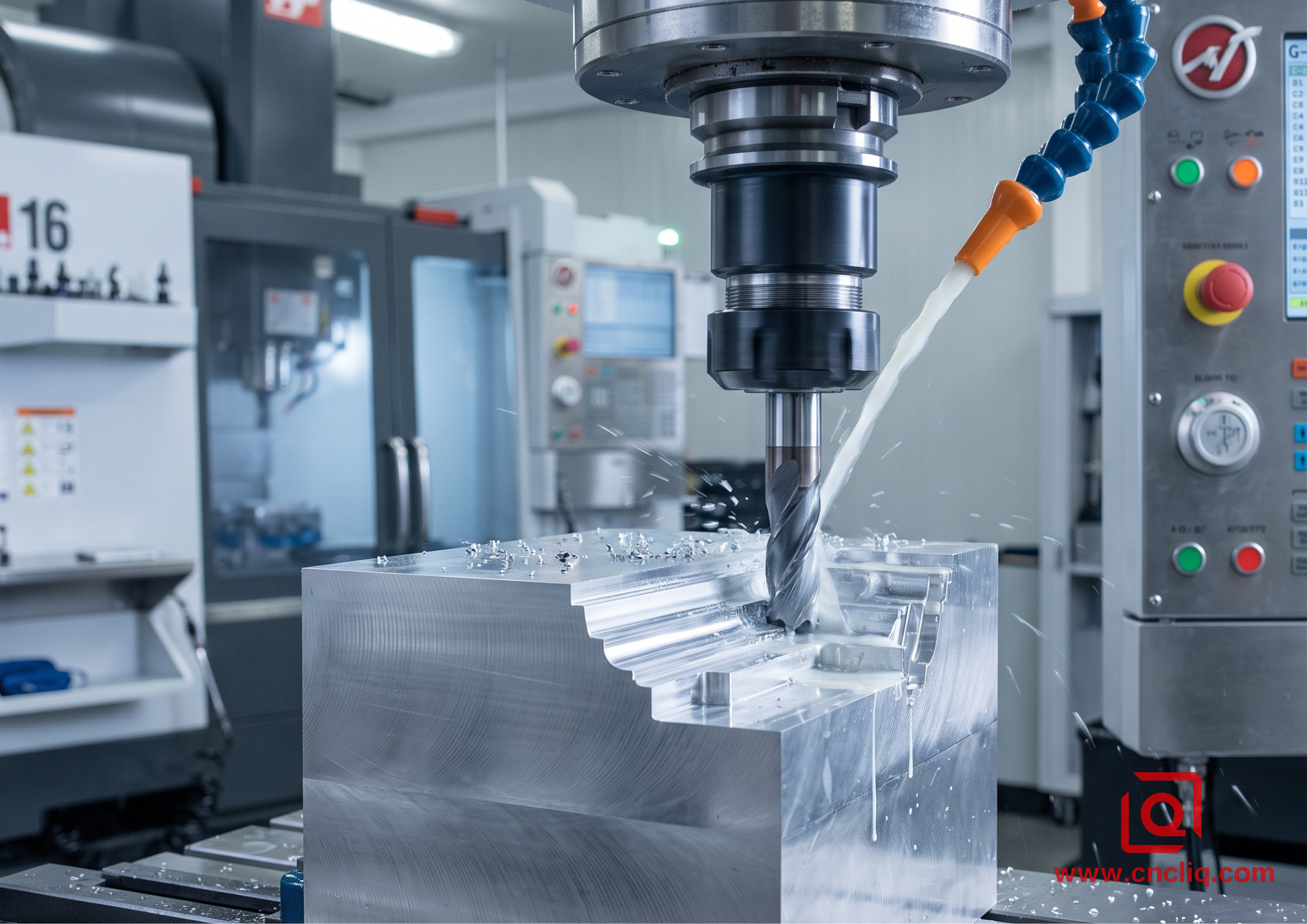 CNC milling machine cutting metal with coolant
