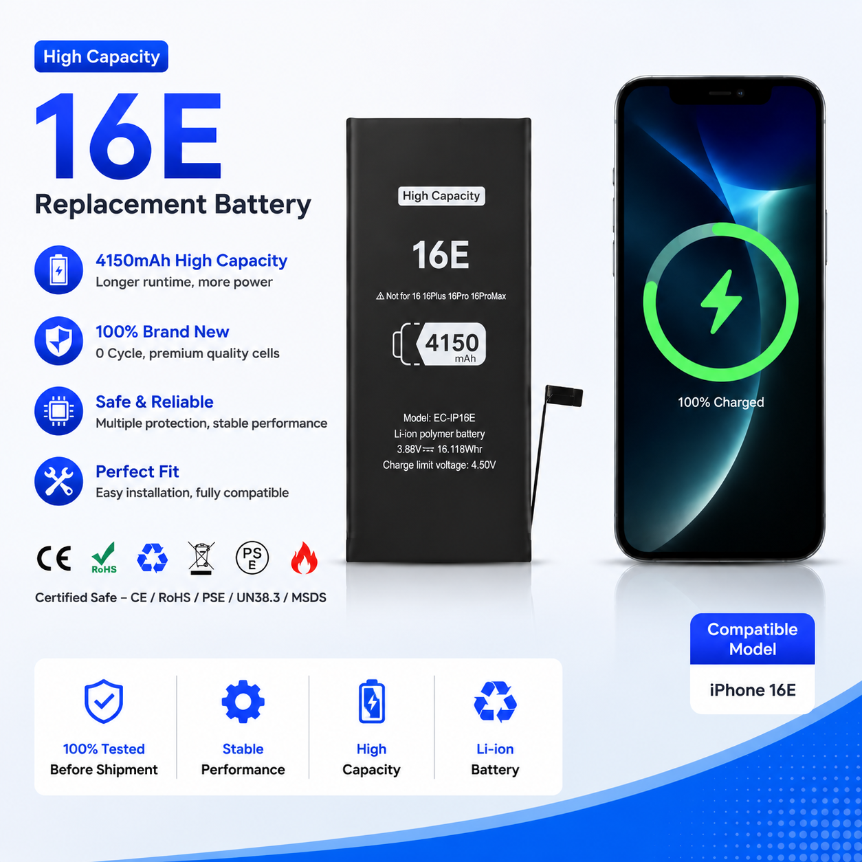 4150mAh High Capacity Battery for iPhone 16E Replacement Battery 4150mAh High Capacity Battery for iPhone 16E Replacement Battery