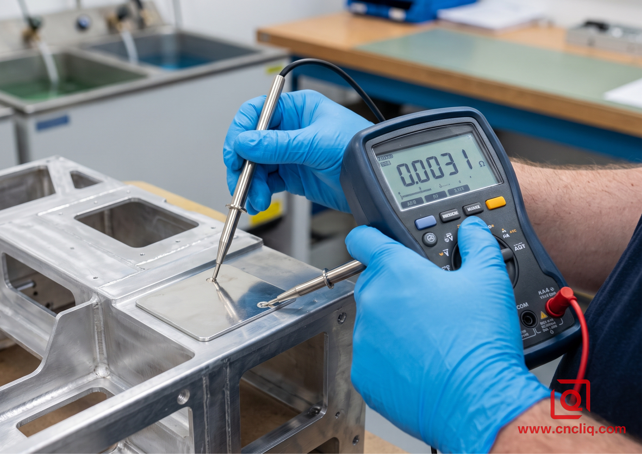 Worker measuring resistivity on aluminum part