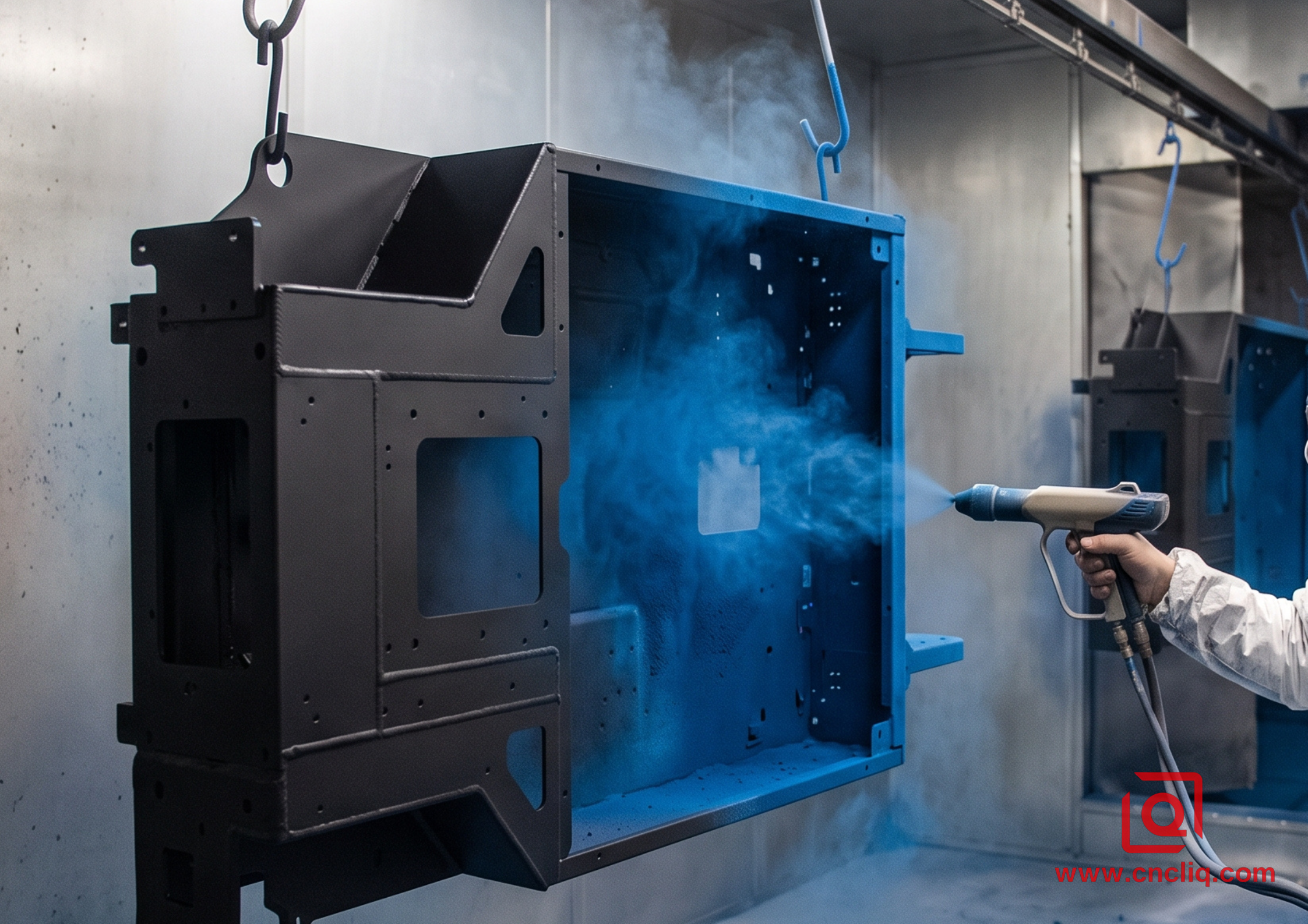 Electrostatic powder coating a metal chassis