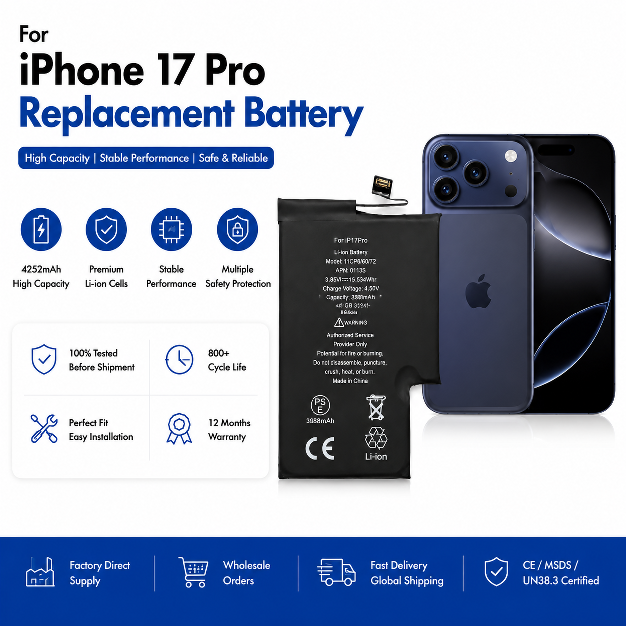 Bateria de substituição de 3988 mAh para iPhone 17 Pro Bateria de substituição de 3988 mAh para iPhone 17 Pro