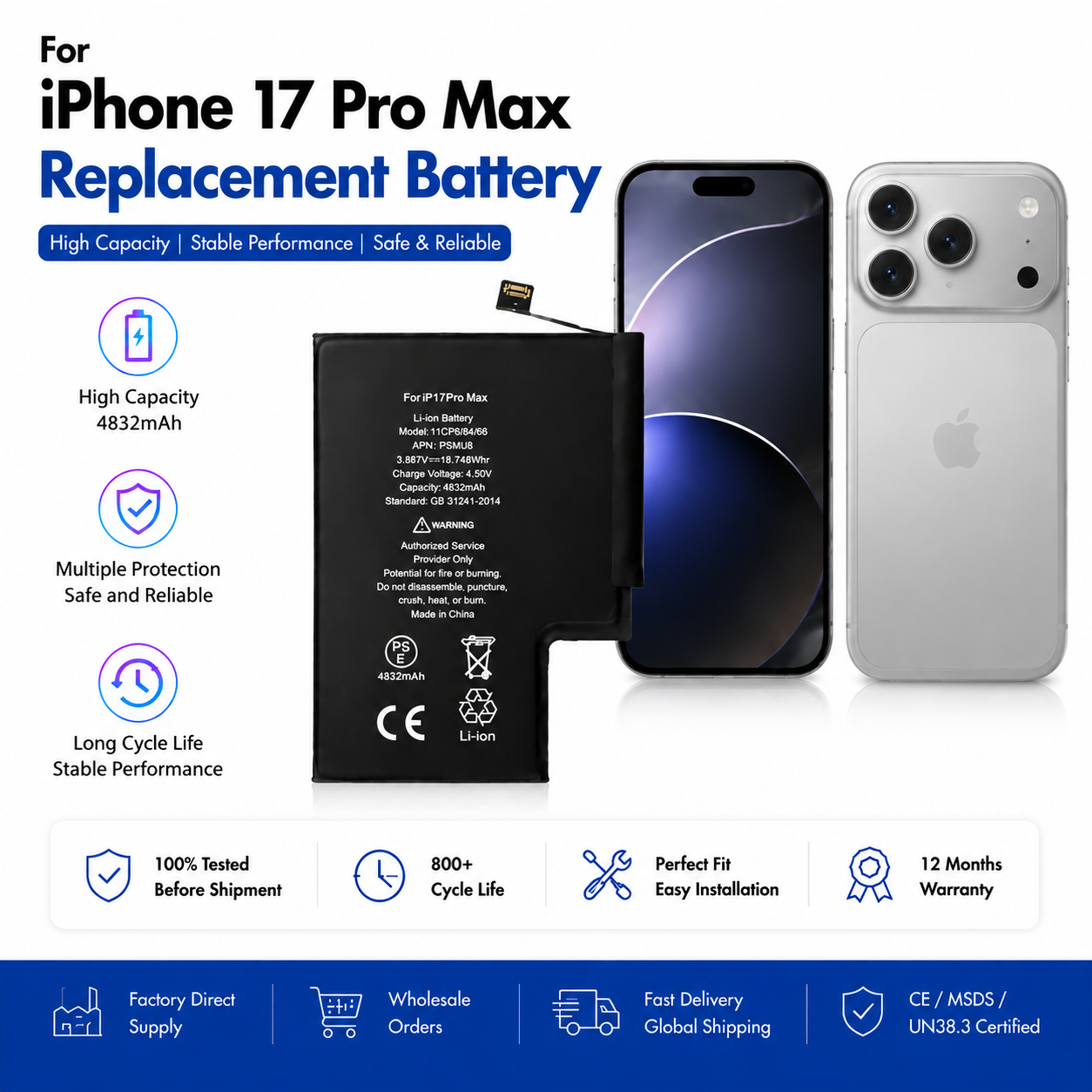 Bateria de substituição de 4832 mAh para iPhone 17 Pro Max Bateria de substituição de 4832 mAh para iPhone 17 Pro Max