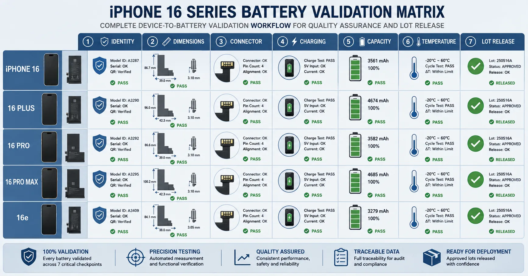 Matriz de Validação da Bateria de Substituição do iPhone 16