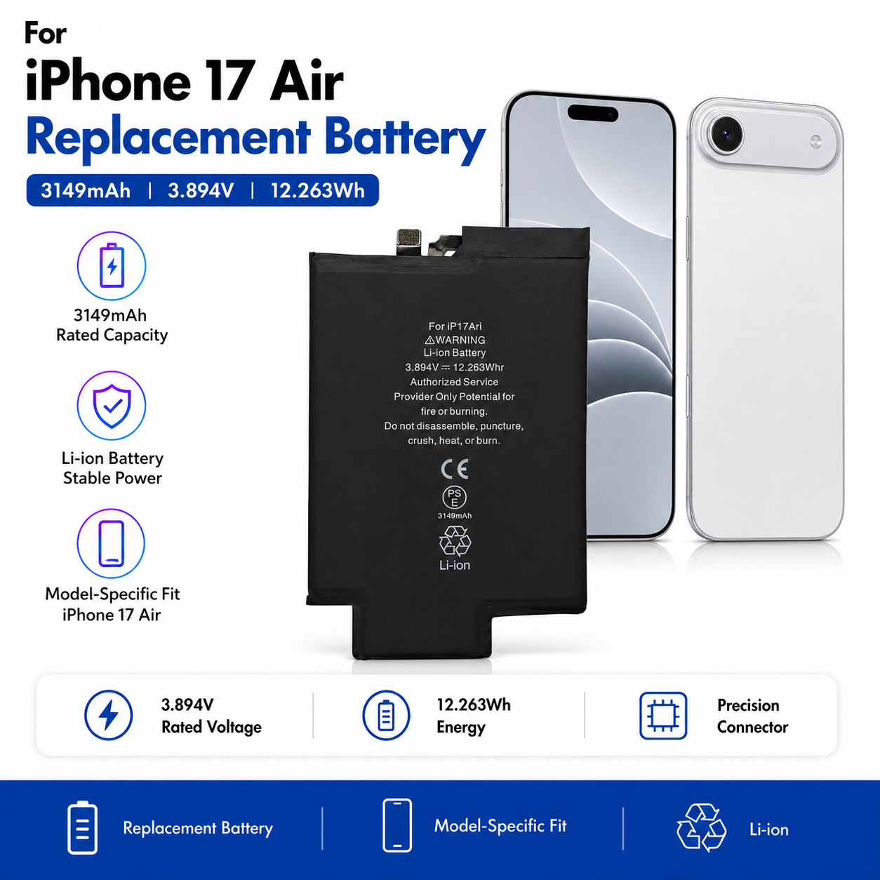 Bateria de substituição de 3149 mAh para iPhone 17 Air Bateria de substituição de 3149 mAh para iPhone 17 Air