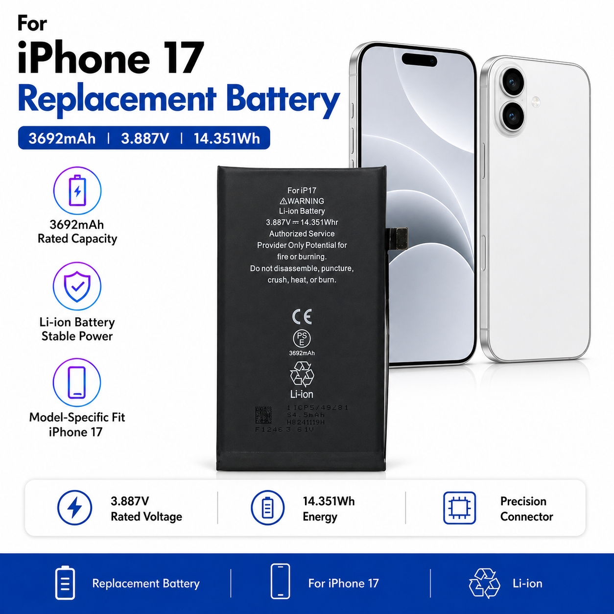 iPhone 17用3692mAh交換用バッテリー iPhone 17用3692mAh交換用バッテリー