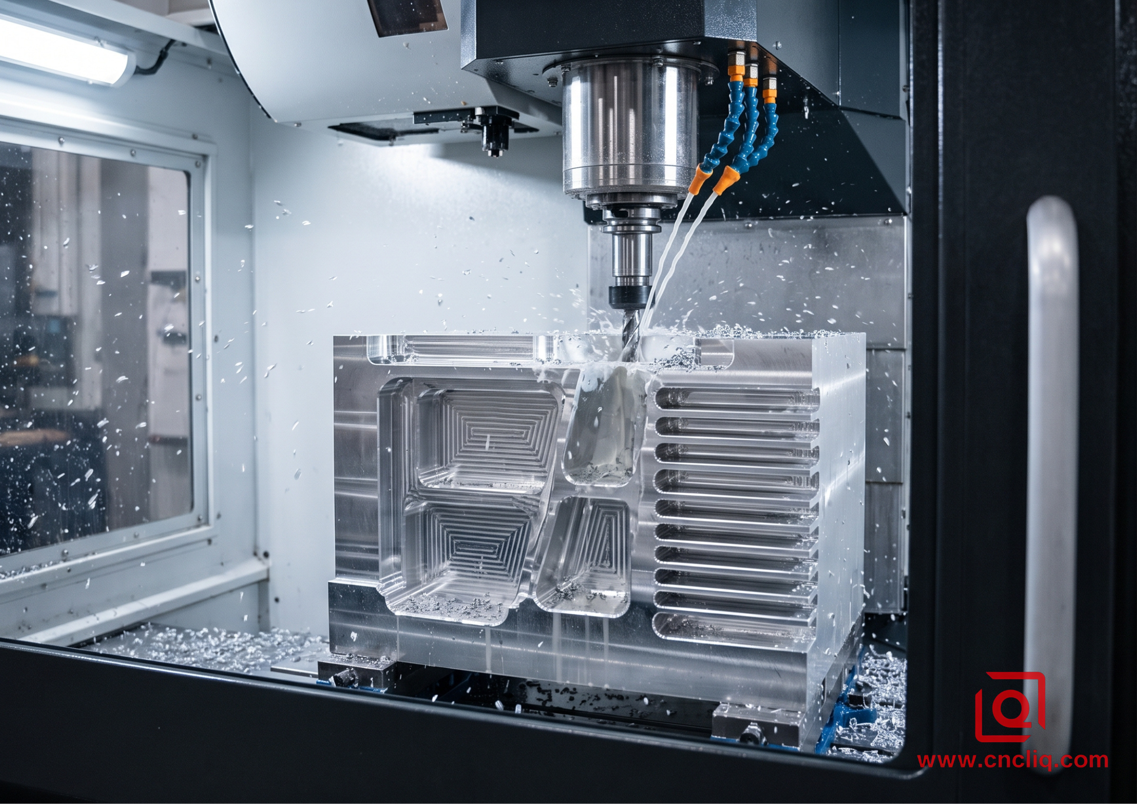 CNC machine milling metal with coolants