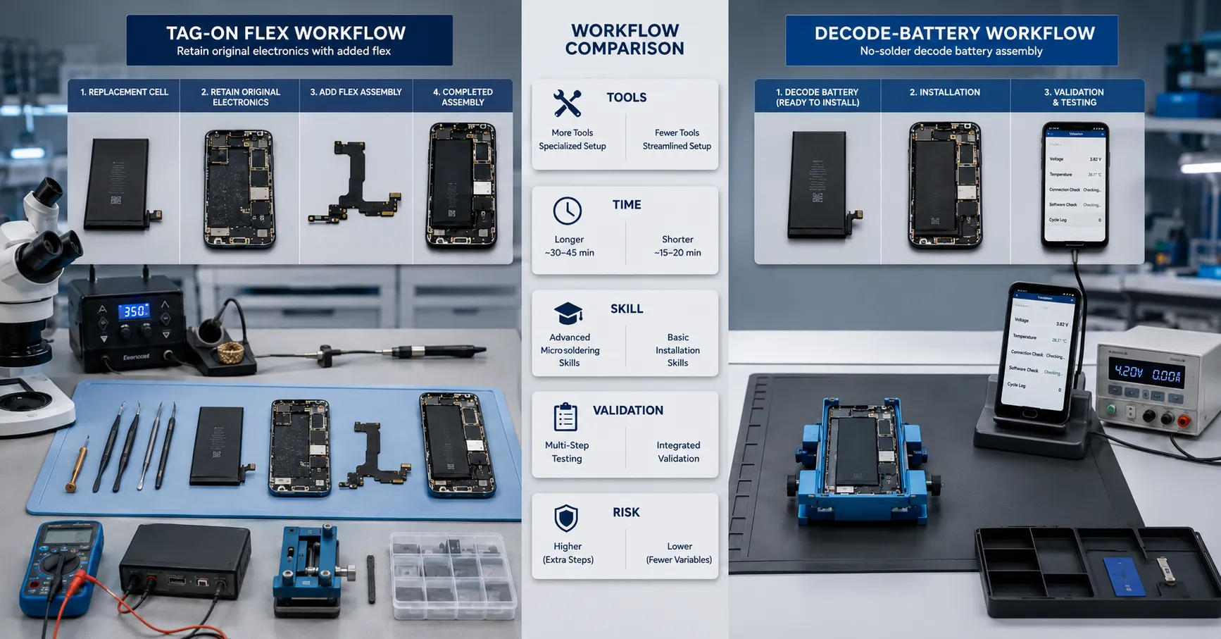 iPhone Tamir Programları için Tag-on Flex ve Decode Battery Karşılaştırması iPhone Tamir Programları için Tag-on Flex ve Decode Battery Karşılaştırması