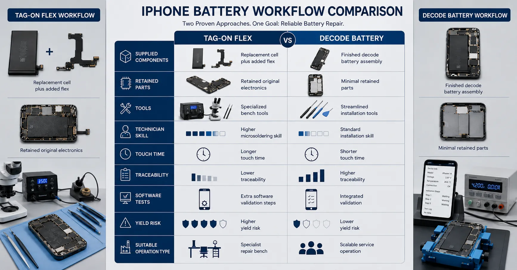 Matriz de decisión entre Tag-on Flex y Decode Battery