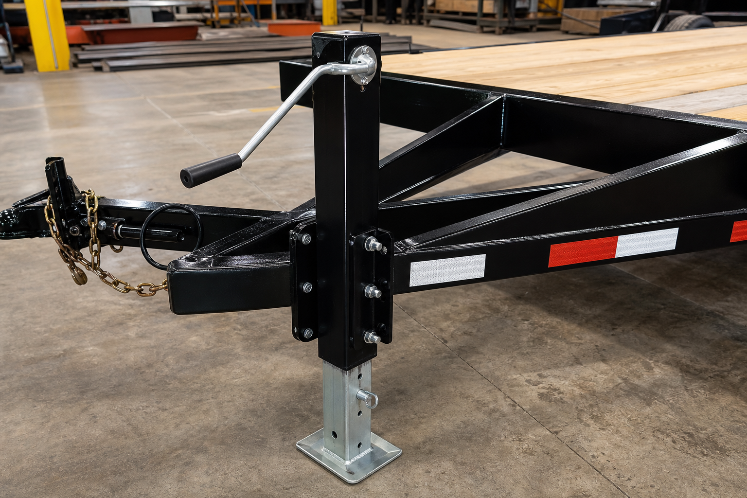 Heavy-duty trailer jack installed during an OEM mounting and crank-clearance review