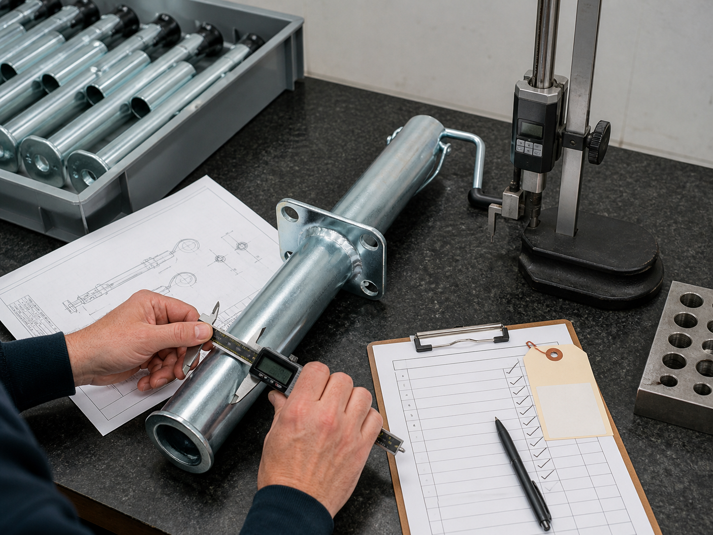 Trailer jack tube and bracket undergoing dimensional quality-control inspection